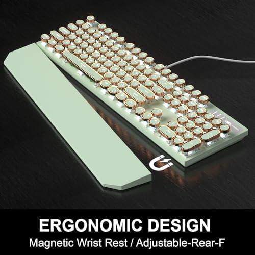 Camiysn Typewriter Style Mechanical Gaming Keyboard, Green Retro Punk Gaming Keyboard with White Backlit, 104 Keys Blue Switch Wired Cute Keyboards, Round Keycaps for Windows/Mac/PC