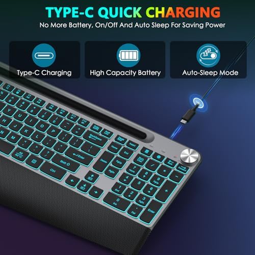 GAMCATZ Ergonomic Backlit Wireless Keyboard with Wrist Rest-Low-Profile,Phone/Tablet Holder,Rechargeable with Light Up Keyboard,Cordless Quiet Computer Keyboard for Desktop,Laptop, PC, Mac-Grey