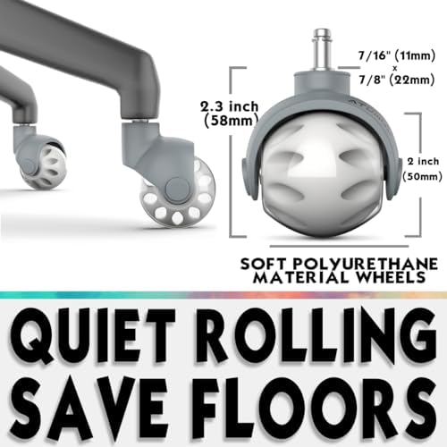 2.3 Inch Office Chair Casters, 7/16 Stem Heavy Duty PU Wheels Set of 5 Safe for All Floors