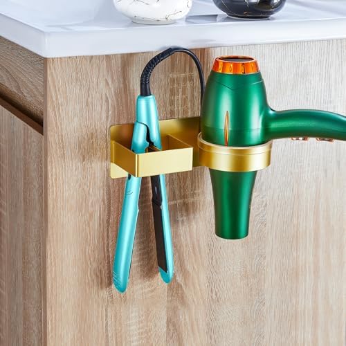 Hair Dryer Holder Wall Mounted, Hair Straightener Holder, Blow Dryer Holder Adhesive, Hair Tool Organizer for Flat Iron, Hairdryer, Curling Iron Holder for Bathroom Vanity Barber Shop (Gold)