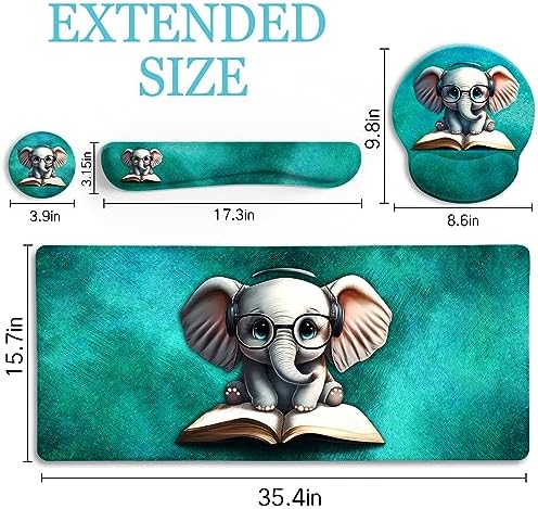 LIMKRIAN Large Desk Mat Set, Mouse Pad with Wrist Rest, Cute Elephant