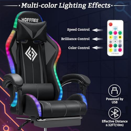 RGB Gaming Chair with Bluetooth Speakers and LED Lights Computer Chair-Grey