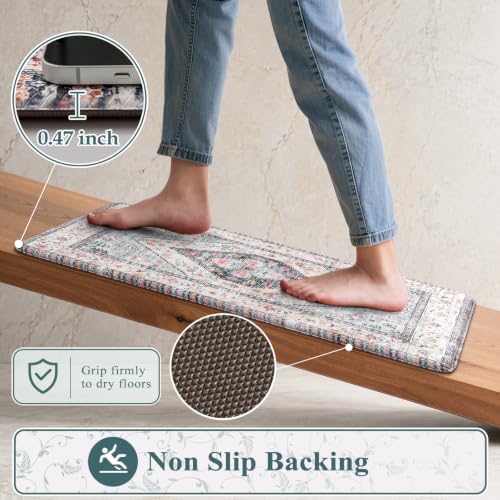 KIMODE Anti Fatigue Kitchen Mats, Blue Boho Distressed Kitchen Rugs 2 Pcs