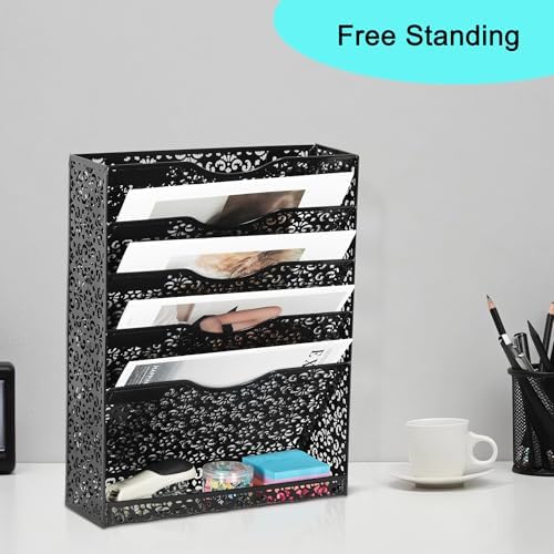 EasyPAG Desk File Organizer Heavy Duty Metal Wall Mount File Holder 5 Tier Mail Paper Folder Holder with Bottom Tray for Office Home Cubicle Countertop, Black