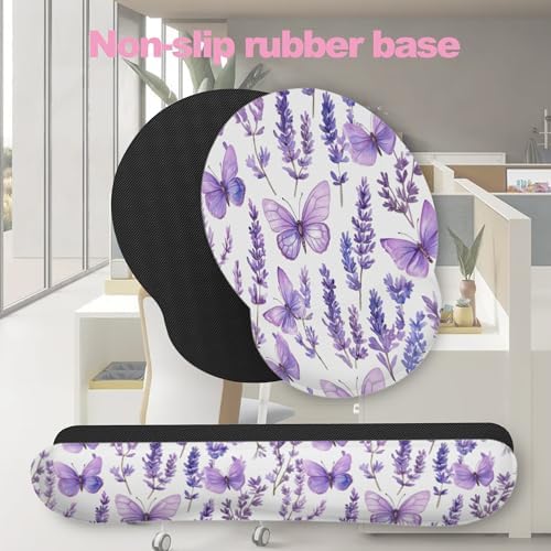 Lavender Butterfly Mouse Pad with Wrist Rest and Keyboard Wrist Rest Set, Non-Slip Rubber Base Memory Foam Mouse Pad Set for Women, Office Desk Accessories, Gaming