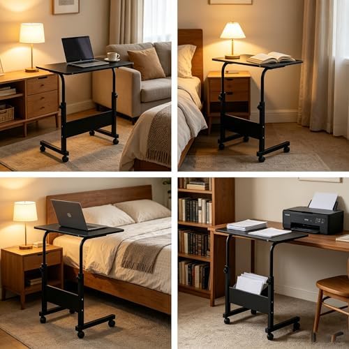 Standing Desk - Side Table Adjustable Height, Portable Laptop Cart, C-Shaped Bed Couch end Tables with Edge Stopper - Wheels for Living Room Bedroom Walking Pad Treadmill 23.6Inch Black