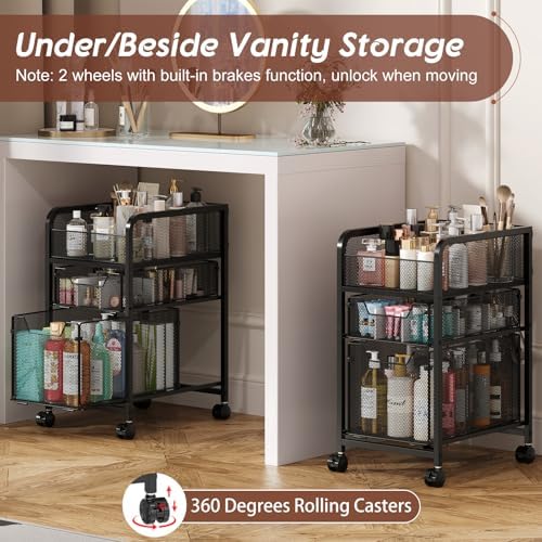 Hongtamoya Rolling Makeup Cart Organizer with 2 Drawers, Narrow Floor Skincare Organizers, Vanity Organizer Cosmetics Display Cases Holder for Skin Care Nail Polish Perfume Makeup Brush, Black