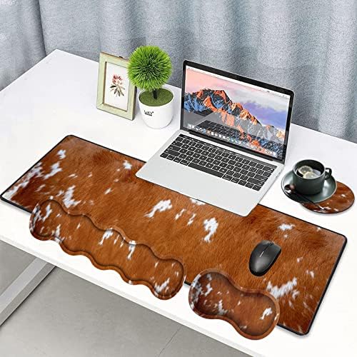 Large Gaming Mouse Pad, Keyboard Wrist Rest pad + Mouse Wrist pad + Coaster Set Extended Waterproof Non-Slip Table mat Suitable for Home Office Learning Games - Cowhide Leopard Brown Cow