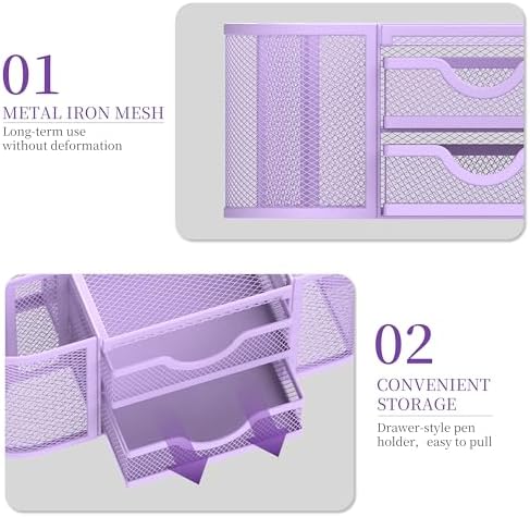 SUPEASY Mesh Desk Organizer, Pen Holder for Desk with 2 Drawers, Purple