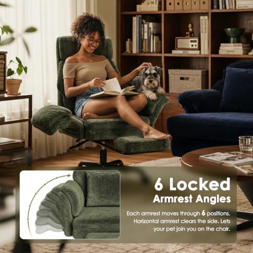 ELABEST C57 Ergonomic Reclining Office Chair with Footrest,Velvet Desk Chairs with 6-Stage Adjustable Wing Armrests for Cross Legged Sitting, Pet-Friendly High Back Lounge Gaming Chair for Home Office