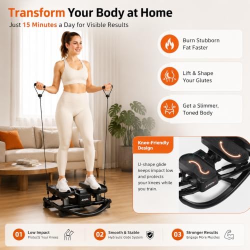 Rock Stepper - Side to Side Rocking Stepper for Exercise at Home with Resistance Bands & Cordless Jump Rope, Quiet Low-Impact Lateral Stepper Machine for Full Body Workout, Legs & Glutes
