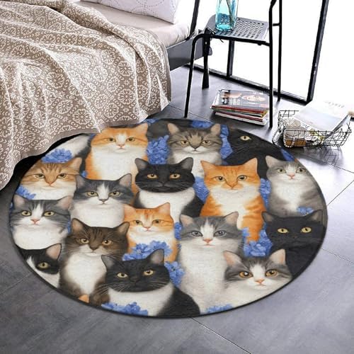 Fashion Round Area Rug Large Non Slip Carpet Unisex Home Decor Mat Floral Blue Flowers Kitten Cats