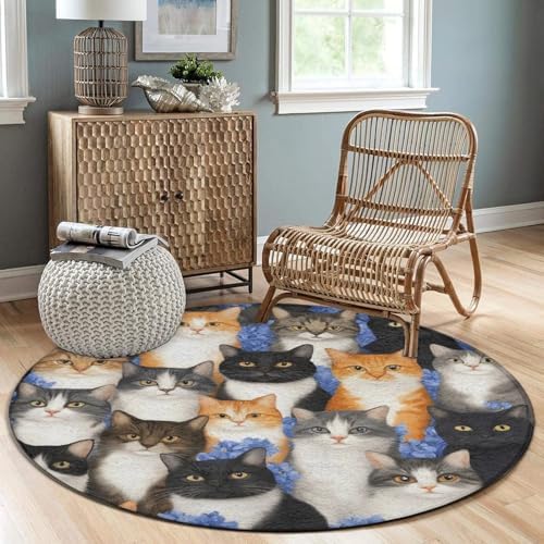 Fashion Round Area Rug Large Non Slip Carpet, Floral Blue Flowers Kitten Cats Unisex Home Decor Mat