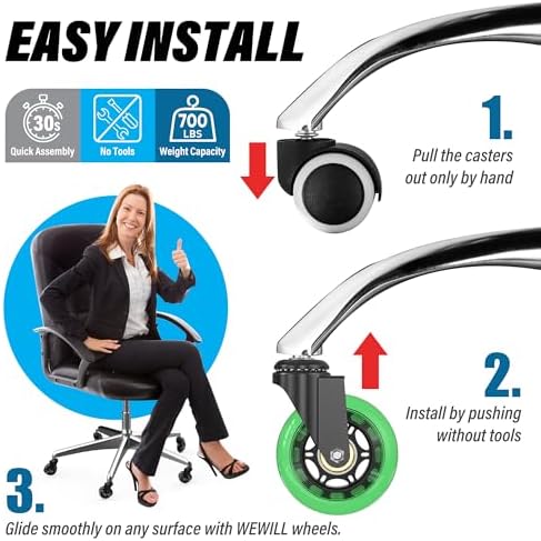 WEWILL Office Chair Wheels - Rubber Casters Replacement Universal Fit 98% Chair(Set of 5) Heavy Duty 3 Inch Smoothly & Quietly Safe for All Floor, Hardwood, Tile, Carpet, Noise Free - Green