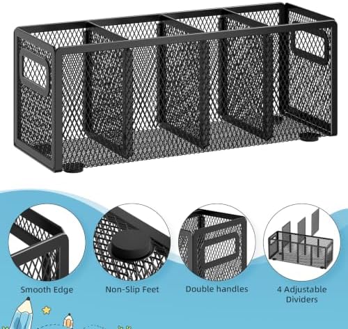 Marbrasse Mesh Pen Holder for Desk, Pencil Holder Desk Organizer 3 Adjustable Compartments, Pencil Cup with Handle Perfect for Classroom, Office, Home, Makeup, Art (4 Compartments - Black)