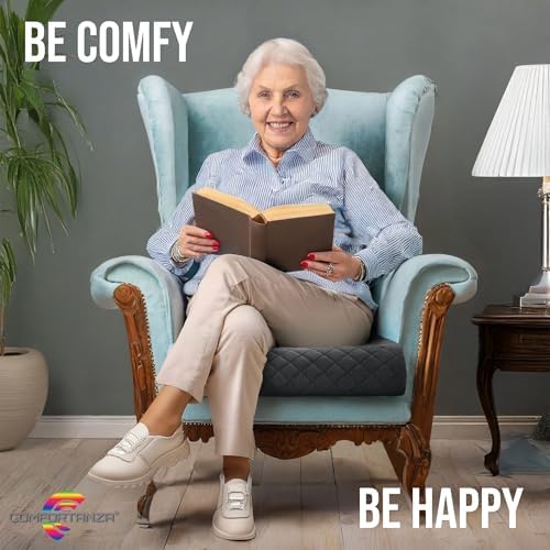 Medium-Soft 20x20x4 Memory Foam Recliner Chair Seat Cushion for Long Sitting - Armchair Pad with Washable Velvety Cover with Waterproof Layer & Non-Slip Base for Seniors & Elderly - Black