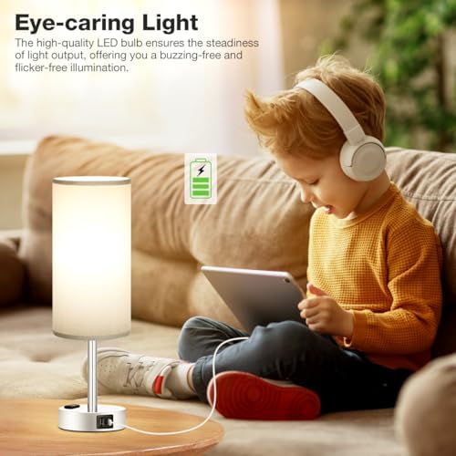Fenmzee Grey Bedside Lamp for Bedroom, Dimmable Touch, USB A+C, AC Outlet