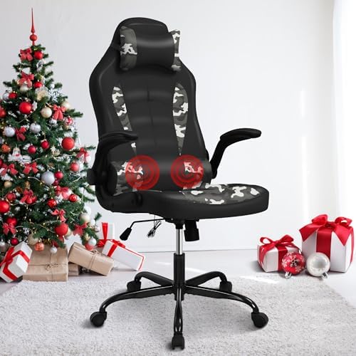 Massage Gaming Chair, PU Leather Gaming Chairs for Adults, Comfy Office Chair Ergonomic Desk Chair Computer Chair with Flip Up Arms, Swivel Reclining Gamer Chair, Height & Backrest Adjustable, Camo