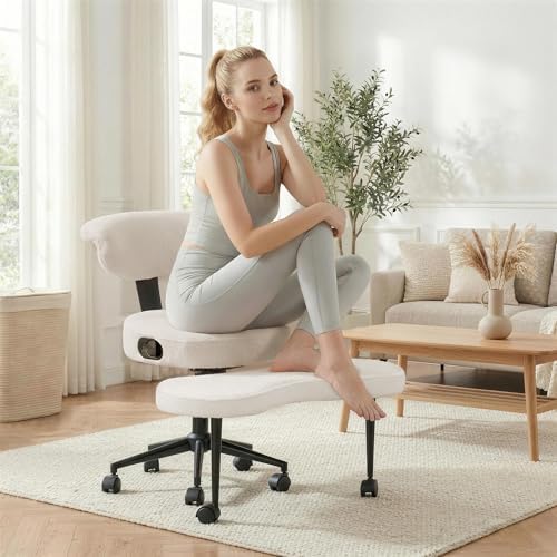 Ergonomic Cross Legged Chair, 360° Swivel Meditation Chair with Wheels - Adjustable Height for ADHD Desk & Yoga, Wide Criss Cross Chair for Home, Beige