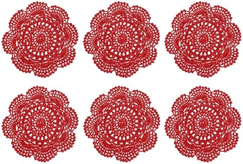 uxcell 6 Pcs Crochet Handmade Cotton Placemat Doilies for Table 7.9" Red