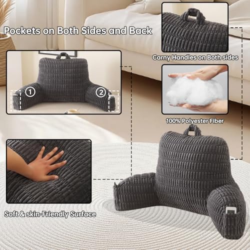 Large Reading Pillow for Sitting Up with Arms,Gray Corduroy