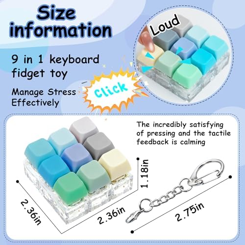 Keyboard Fidget Toy, Keyboard Fidget Keychain 9-in-1 Keyboard Decompression Button Finger Clicker Toys Stress Relief Fidget Gifts (9 Colors- Blue Green)