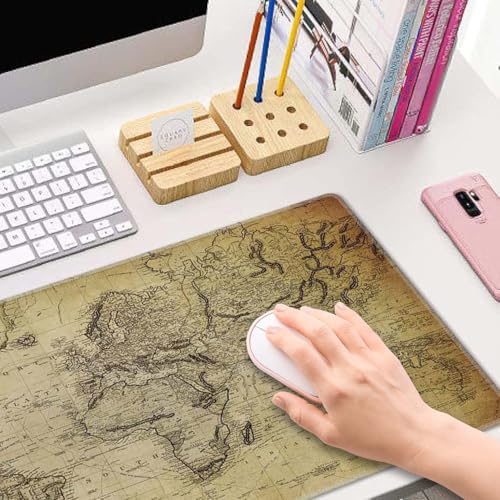 Gaming Mouse Pad Large, Keyboard Mouse Mat Desk Pad, Non-Slip Rubber Base with Stitched Edges Mousepad, 31.5X11.8 inch Vintage Retro World Map