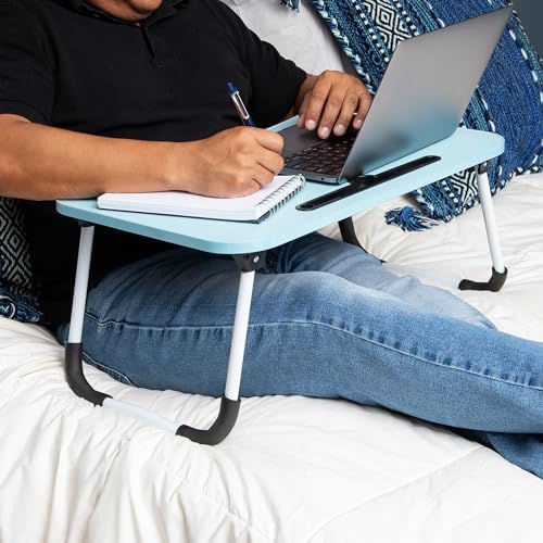 Mind Reader Lap Desk Laptop Stand, Bed Tray, Folding Legs, Couch Table, Portable, MDF, 23.25" L x 13.75" W x 10.5" H, Blue