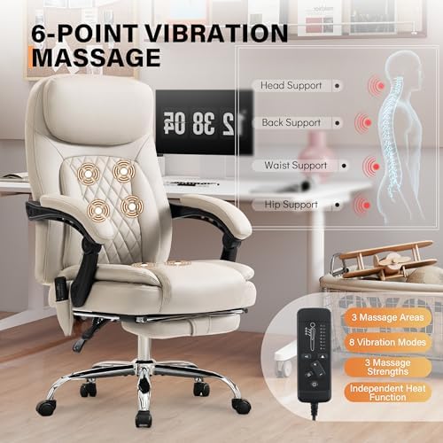 500LBS Massage Office Chair, Reclining 6 Points Vibration and Heat Desk Chair with Foot Rest, Ergonomic Executive Office Chairs, Comfy Wider & Thicker Seat, Big and Tall Gaming Chair, PU Leather Beige