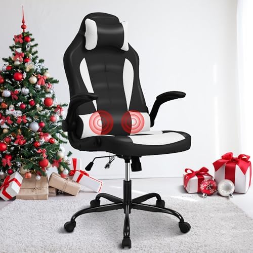 Massage Gaming Chair, PU Leather Gaming Chairs for Adults, Comfy Office Chair Ergonomic Desk Chair Computer Chair with Flip Up Arms, Swivel Reclining Gamer Chair, Height & Backrest Adjustable, White