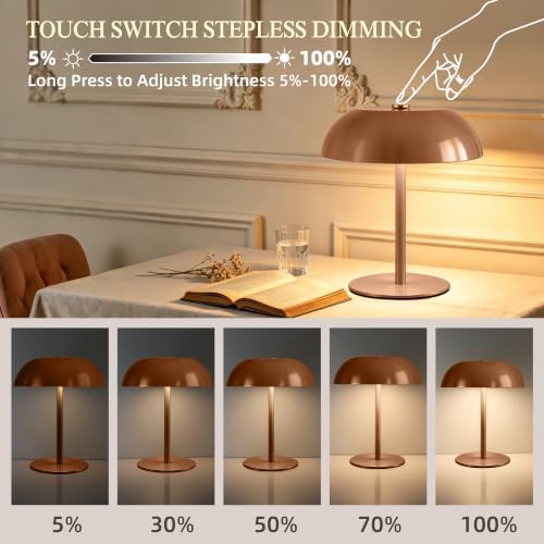 2 Pack Portable LED Mushroom Table Lamp, 12H Cordless Metal Night Light with Rechargeable Battery, Stepless Dimmable 3 Colors Desk Lamp for Bedroom Bar Coffee Shop(Camel)
