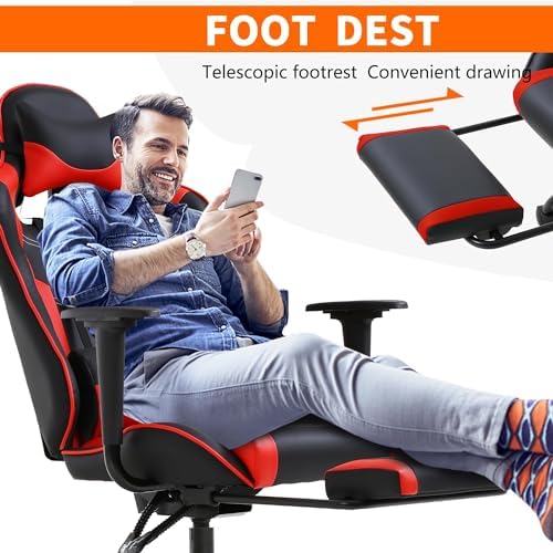Gaming Chair, High Back PU Leather Gaming Chairs Computer Chair with Headrest & Lumbar Support, Height Adjustable Wide Seat Gaming Chairs for Adults, Game Chair with Footrest & Armrest