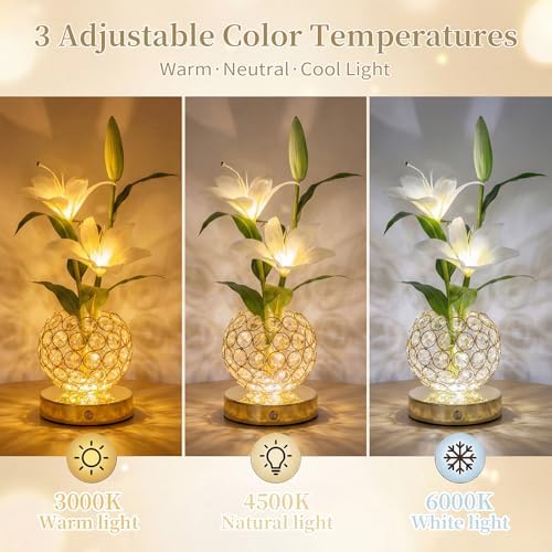 Stargazer Lily Crystal Table Lamp, Rechargeable Touch Flowers Lamp