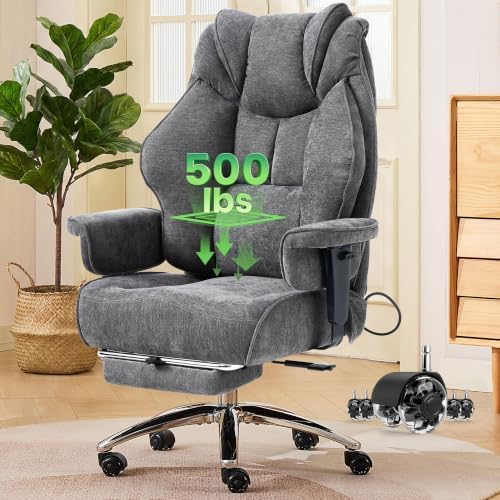 CIOMAN 500lbs Big and Tall Office Chair Adjustable Lumbar Support, Extra Wide Seat Ergonomic Gaming Chair with Footrest, Heavy Duty High Back Executive Leather Computer Desk Chair, Grey