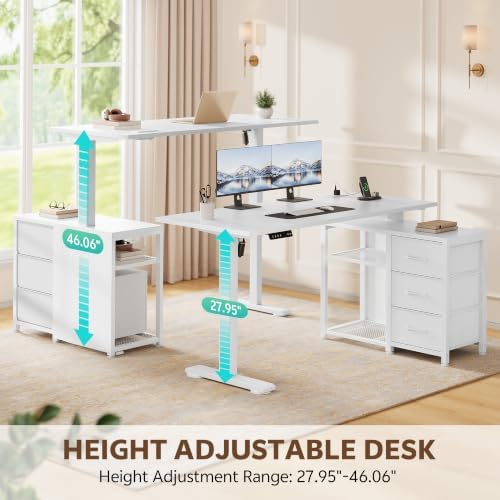 47 Inch L Shaped Desk with 3 Drawers Electric Standing Desks White