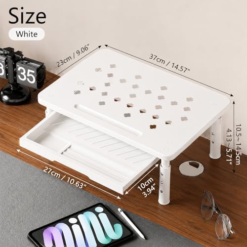 Ergonomic Monitor Stand Riser with Drawer, 3 Height Adjustable (3.9/4.7/5.5 inch) Heavy Duty Carbon Steel+PE Computer Desk Organizer with Storage for Laptop Printer Dual Screens, 14.6 x 9.1 inch (White)