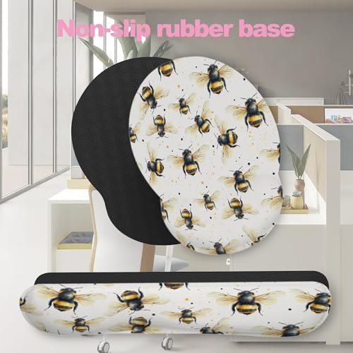 Cute Bee Mouse Pad with Wrist Rest Set, 3-in-1 Wrist Support Mousepad Set, Gaming Mat Pad with Anti-Skid Base,Ergonomic Memory Foam Mouse Pad Set for Women, Office, Typing, Gaming