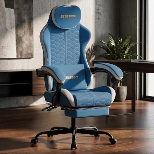 Honeycomb Embossed Gaming Chair with Footrest & Massage Lumbar Support, Adjustable Ergonomic Office Chair for Adults, 300 lbs (Blue White)