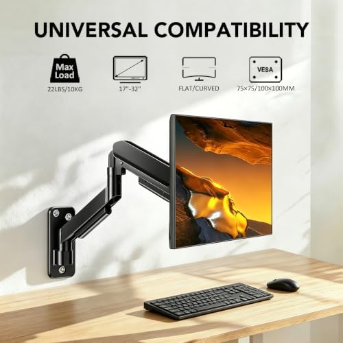 Single Monitor Wall Mount for 17 to 32 inch Flat/Curved Computer Screens,Full Motion Adjustable Monitor Wall Arm Holds Up to 22lbs,VESA Wall Mount 75x75/100x100, Black