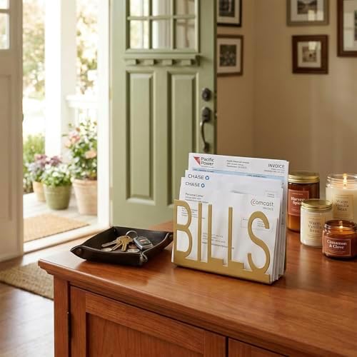 MyGift Gold Metal Mail Sorter, Desktop Bills Letter Holder Organizer