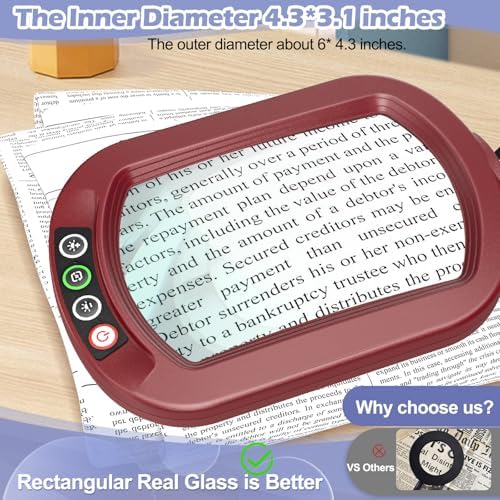 Drdefi 12X Square Magnifying Glass with Light and Stand, Real Glass LED Lighted Magnifier, 5 Color Modes Stepless Dimmable, Hands-Free Mag Desk Lamp with Clamp for Reading Craft Hobby Close Work Red