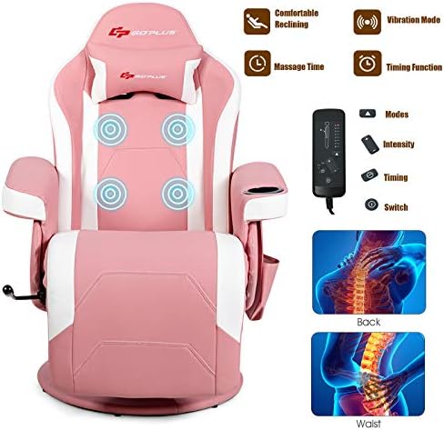 POWERSTONE Gaming Recliner, PU Massage Gaming Chair with Footrest, Cup Holder, Headrest and Side Pouch, Adjustable Single Sofa Living Room Chair(Pink)