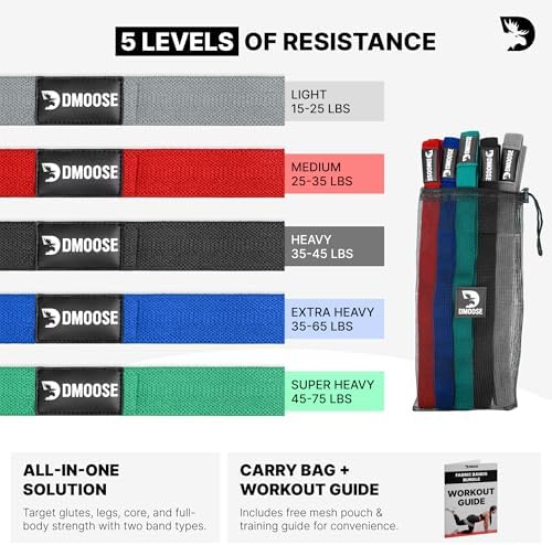 DMoose Fitness Fabric Resistance Bands for Full Body Exercises - Non-Slip Thick Cloth Stretch Band for Squats, Lunges & Bicep Curls - Long Resistance Bands for Working Out - Booty Band for Men & Women
