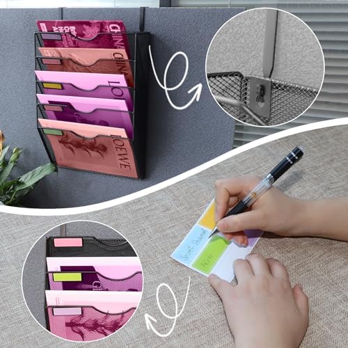 5 Pockets Mesh Wall File Holder Organizer Office Hanging File Folder Magazine Rack, Nametag Label Hooks Set Included (Black)
