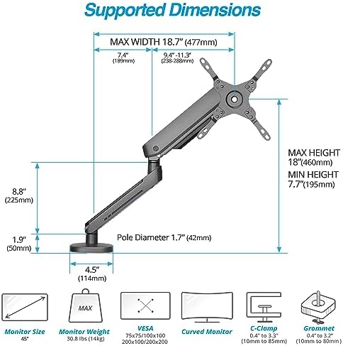 AVLT Single 27”-45” RGB Gaming Monitor Arm Desk Mount - Dark Gray
