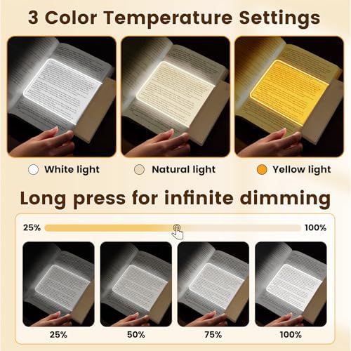 Book Light, Dimmable LED Reading Light 3 Color Flat Book Lamp for Reading, Rechargeable Page Light with Wooden Base and Scratch-Resistant Panel, Portable Gifts for Boys Girls Women Man (Wood)