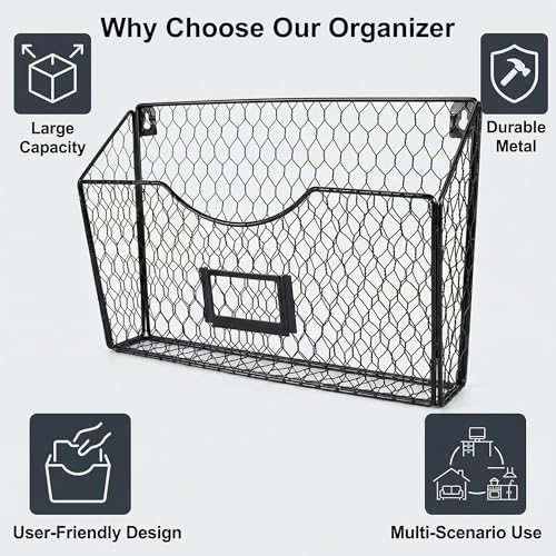 PAG-Mass 3 Pockets Hanging File Holder Wall Mount Mail Organizer Metal Chicken Wire Magazine Rack with Tag Slot, Black