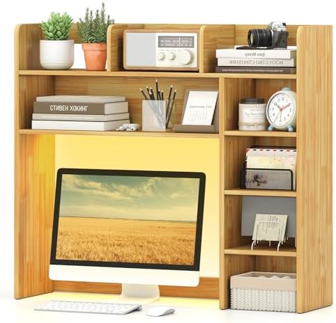 Tangkula Desktop Bookshelf with LED Lights, Desk Hutch with 8 Shelves for Max 25" Monitor, Desktop 5-Tier Display Rack, Wood Desktop Storage Hutch Organizer for Dorm Office Home, Burlywood