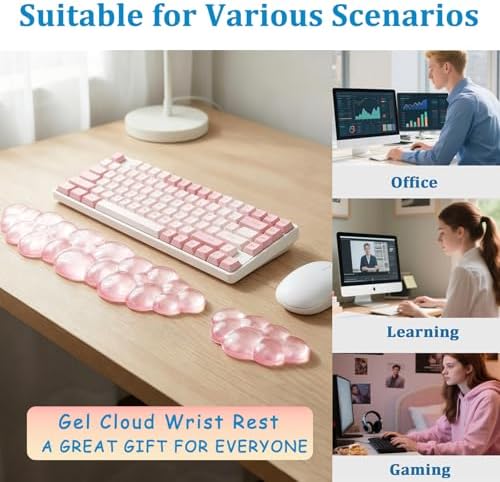 Gel Cloud Wrist Rest Set, Clear Gel Cloud Keyboard Wrist Rest with Non-Slip Base, Ergonomic Wrist Support for Typing Pain Relief, Cute Wrist Pad for Office, Gaming, Computer, Laptop - Pink