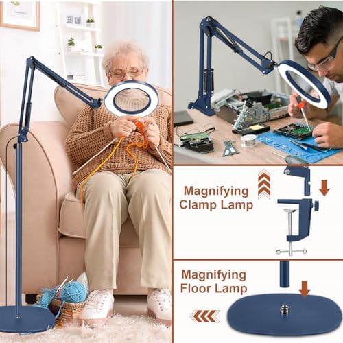 LANCOSC 15X Magnifying Glass with Light and Stand, 3-in-1 Adjustable Swing Floor Lamp, 5 Color Modes Stepless Dimmable, LED Lighted Hands Free Magnifier & Clamp for Reading, Crafts, Painting - Blue